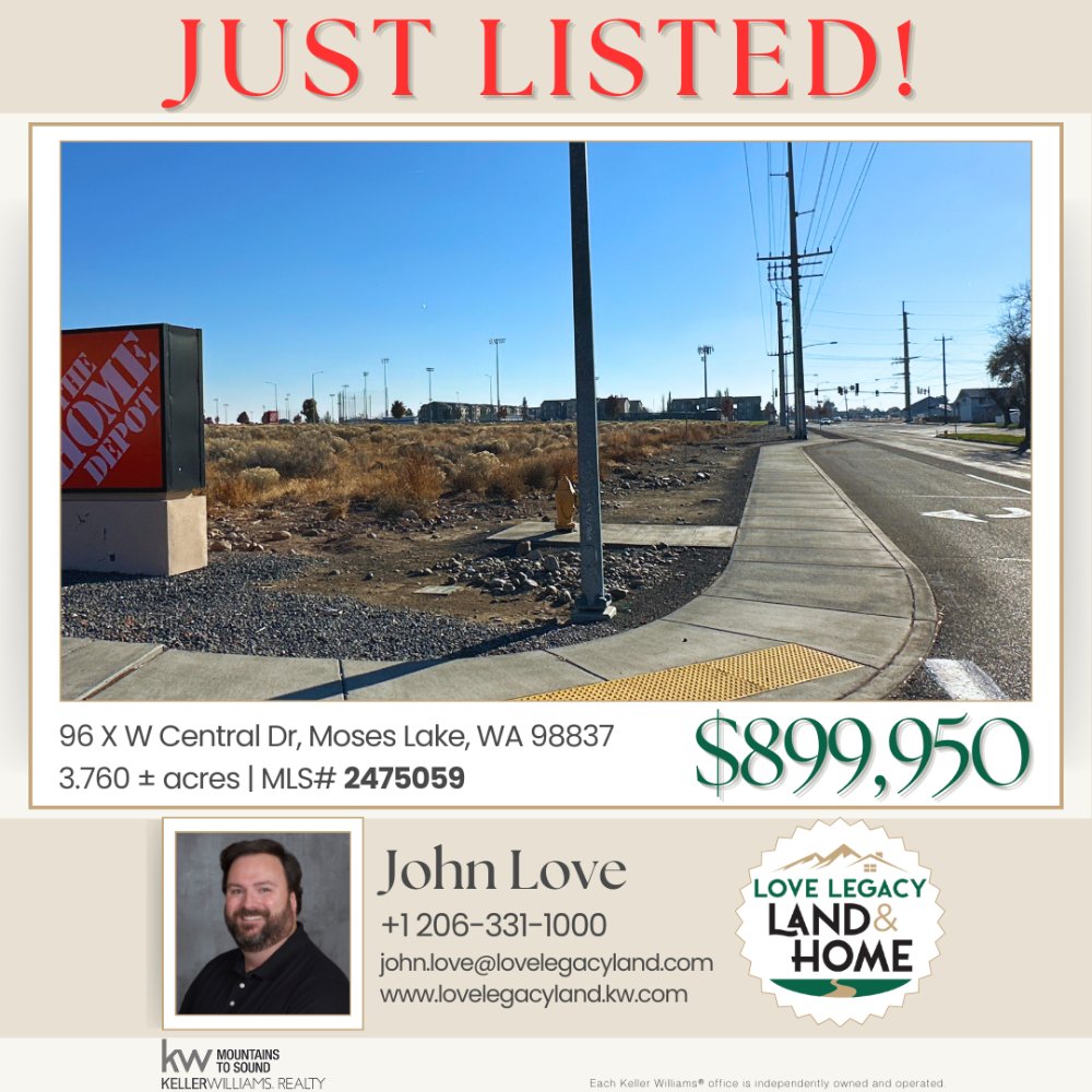 LoveLegacyLand's tweet photo. 🏢 Just Listed – Moses Lake 3.76 Acres!
Prime C-2 commercial site next to Home Depot w/ full utilities, high visibility, &amp; 390’ frontage on Central Dr. Ideal for retail or mixed-use.

#LoveLegacyLandAndHome #MosesLakeLand https://t.co/5fyRY8o8SS