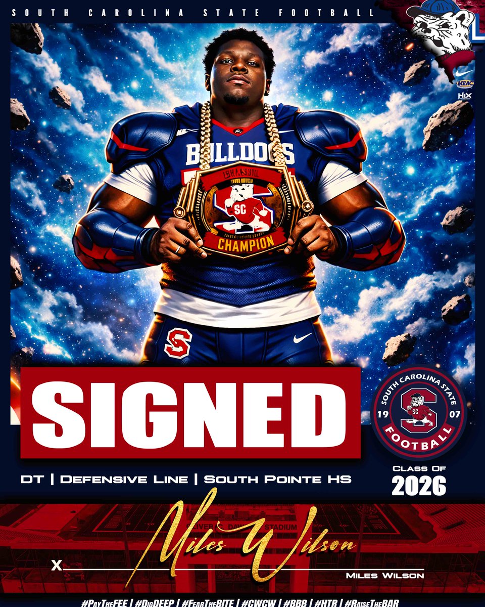 SCState_Fb's tweet photo. #GoDogs

Early December Enrollee, MILES WILSON, @MilesWilson94 from South Pointe HS, was a great addition to the Bulldogs! The Defensive Lineman plans to be a problem for opposing offenses! 

@SCStateAthletic @MEACSports @coachberry77 
#PayTheFEE
#DigDEEP
#RaiseTheBAR
CWCW
🔴🔵🐶🏈