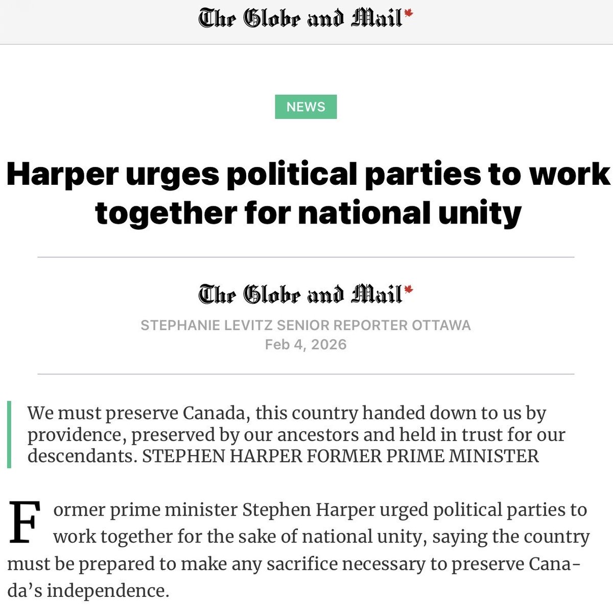 MaximeBernier's tweet photo. Stephen Harper says that in these perilous times, parties must “come together against external forces that threaten our independence and against domestic policies that threaten our union.” He urges us to “make any sacrifice necessary” to preserve Canada.

The only way to preserve this country is for the Liberals and Conservatives to finally work together to respect the Constitution our ancestors left us. For decades, Liberal and Conservative governments have been working together, not to protect the union, but to jointly build an imperial federalism that centralizes power in Ottawa. 

This top-down system violates provincial jurisdiction, fuels resentment, and has created the very independence movements that threaten our unity today. The real sacrifice required is not from Canadians, but from the elite politicians in Ottawa who must sacrifice their centralized power. They must stop governing as an imperial power.

The People’s Party of Canada believes the only path forward is a radical decentralization of federal unconstitutional power. While we do not share the separatists’ goal, their grievances are legitimate. Given the relentless centralization orchestrated by both old parties and their unwillingness to change, the only way to force a rebalancing is to take advantage of the constitutional crisis that would follow a vote for secession.

Therefore, if a referendum is held in Quebec or Alberta , the PPC would support the YES side, not to break up Canada, but to break the stranglehold of imperial federalism and force a final, honest attempt to restore the true federation our ancestors entrusted to us. That is the real sacrifice for unity: Liberals and Conservatives must sacrificing their illegitimate power.