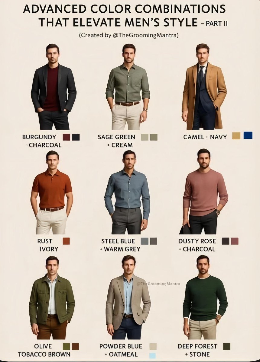 menshotfashion's tweet photo. ADVANCED COLOR COMBINATIONS THAT ELEVATE MEN'S STYLE https://t.co/AEORClEtrP