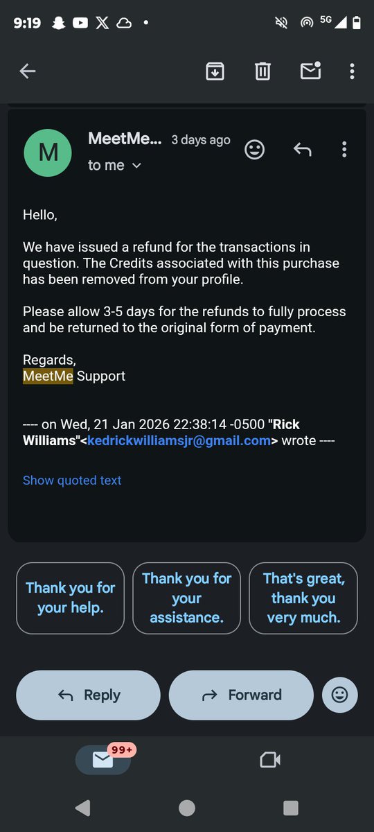 TeddyWilliams66's tweet photo. @TheMeetGroup @cncook @FastCompany I received this email from your support on January 22nd and I have yet to receive any of the refunds. I will have my bank initiate a charge back if I do not hear back within 24 hours. https://t.co/FzbSfboNaG