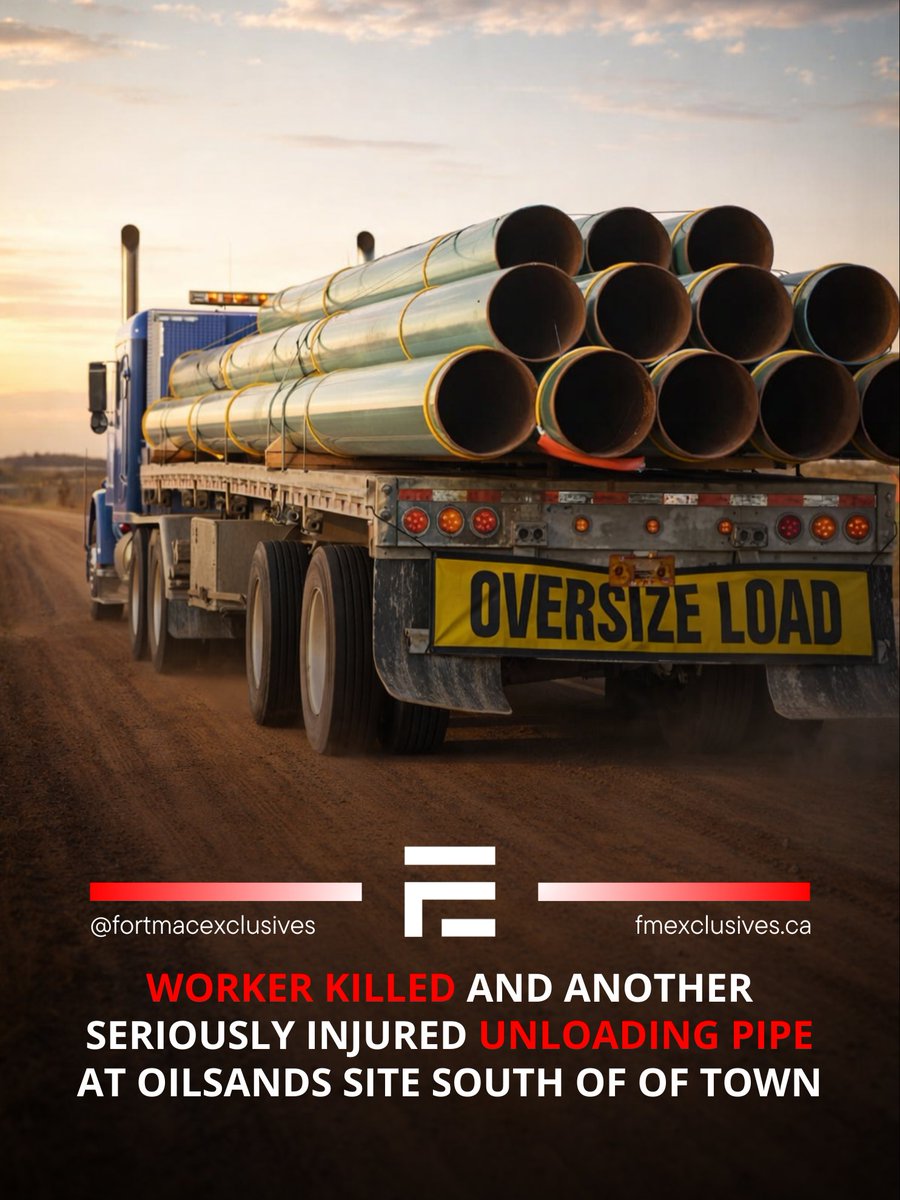 FMExclusives's tweet photo. A worker has died following a workplace incident at an oilsands site south of Fort McMurray.

The incident occurred while two workers were unloading pipe from a truck, when a section shifted and struck them. One worker was pronounced dead at the scene, while another was taken to hospital with serious injuries.

The workers were employed by a third-party contractor. Alberta Occupational Health and Safety has launched an investigation, and further details are expected once that process is complete.

In Alberta, the oil and gas sector employs approximately 120,000 to 130,000 workers, with an estimated 35,000 to 45,000 actively working on sites on a typical day.

Historically, upstream oil and gas fatality rates in Alberta and Saskatchewan exceeded 15 deaths per 100,000 workers, peaking near 18 per 100,000 in the early 2000s. By 2022, upstream oil and gas recorded approximately 4 to 5 deaths per 100,000 workers.

For comparison, construction fatality rates in Canada typically fall in the 8 to 10 deaths per 100,000 workers range, while logging and forestry remain among the highest-risk occupations, commonly reported at 15 to 20 deaths per 100,000 workers.