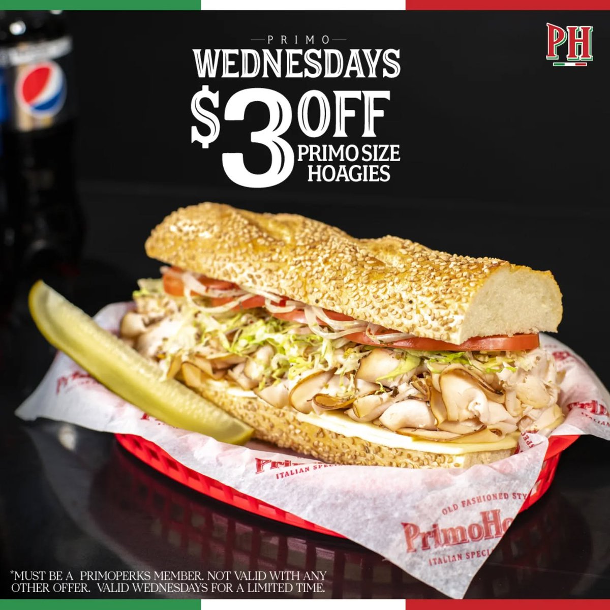 PrimoHoagies's tweet photo. It’s Wednesday, and that means $3 OFF Primo Size Hoagies 🙌
Perfect excuse to upgrade your lunch. 🤌🇮🇹🤤

*Must be a PrimoPerks Member. Not to be combined with any other offer. Valid for a limited time only. https://t.co/CAgQo2qheq