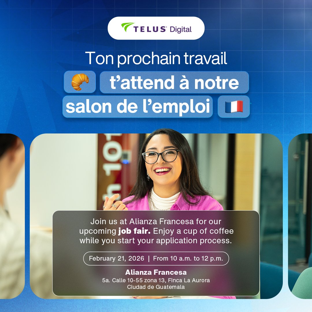 ¡Oportunidades de trabajo! 🇬🇹🇫🇷

💼 Únete al Job Fair de Telus Digital en la Alianza Francesa e Inicia tu proceso de aplicación mientras disfrutas de un buen café ☕️

🗓 21 feb | 10 a 12 horas
📍 Alianza Francesa (5a. Calle 10-55 zona 13)

#TrabajoGT #Contratando #TELUSDigital