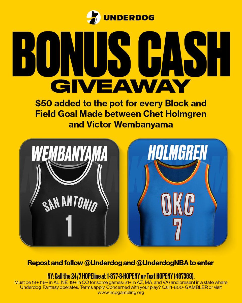 Underdog's tweet image. 🚨 BONUS CASH GIVEAWAY 🚨

We're adding $50 to the pot for every blocked shot and shot made between Chet Holmgren and Victor Wembanyama tonight 💰

To enter...
1⃣ Repost this
2⃣ Follow us @Underdog
3⃣ Follow @UnderdogNBA