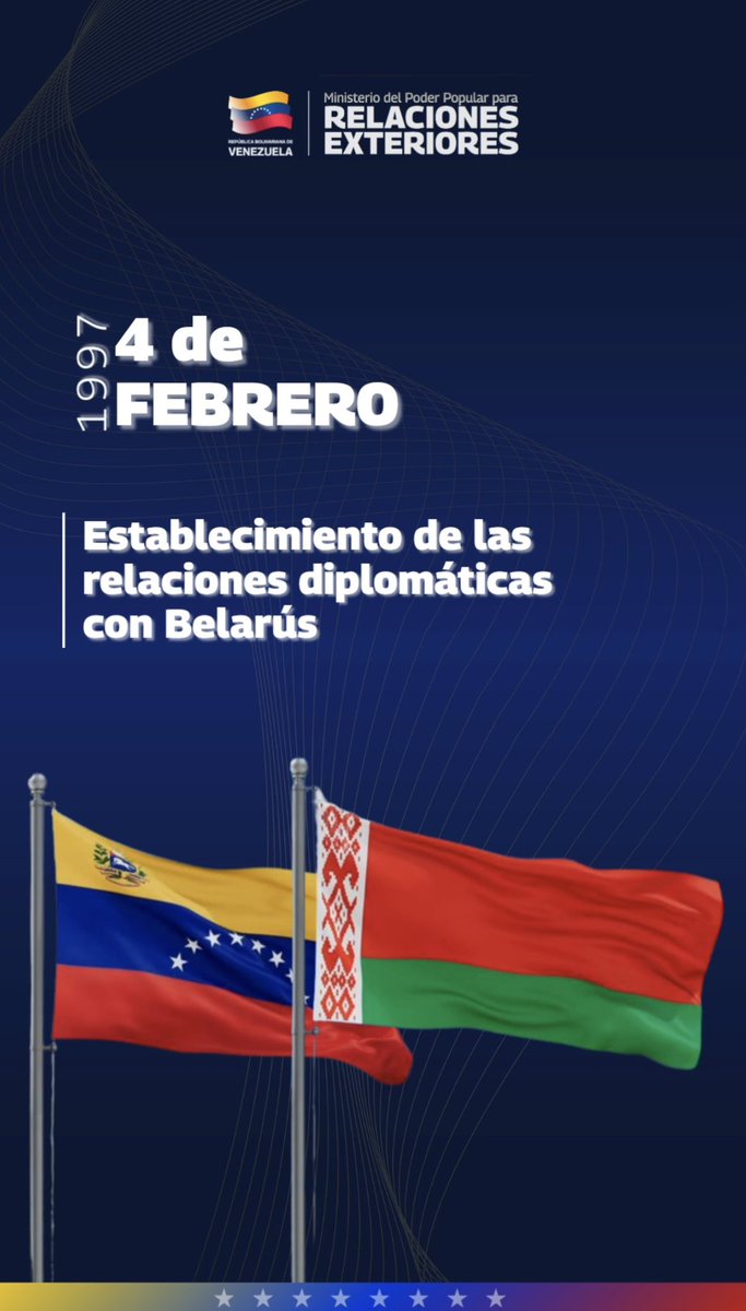 frankmirez's tweet image. 🇻🇪🇧🇾 Hoy 4 de febrero se cumplen 29 años del establecimiento de las relaciones diplomáticas entre #Venezuela y #Belarús. Ambas naciones reafirman su alianza estratégica, basada en el respeto a la soberanía, la cooperación mutua y la defensa firme del Derecho Internacional.