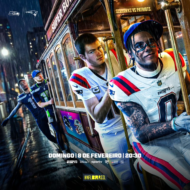 NFLBrasil's tweet photo. Domingo, 08/02, às 20h30. Patriots e Seahawks decidem o grande campeão do Super Bowl LX. Assista ao vivo no Sportv, ESPN, Globoplay e Disney+!