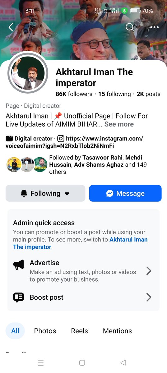 Faizanwer2002's tweet photo. Our page : Akhtarul Iman The Imperator was suspended despite having no Community Standards violations shown in Page Quality. This page is run by supporters for public awareness only. We respectfully request Meta to review and restore the page
@asadowaisi @Akhtaruliman5 @facebook https://t.co/oxamfphOdp