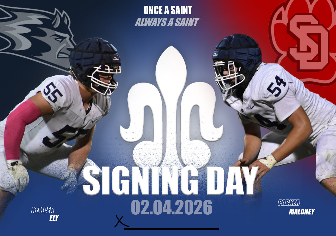 StVarsity2025's tweet photo. These two spent the last 4 years practicing against each other and playing side by side. As leaders and teammates they exemplified Saints football. Today signing letters of intent side by side one last time. Parker with University of South Dakota and Kemper with UW-Stout. https://t.co/7uDtARtY5j