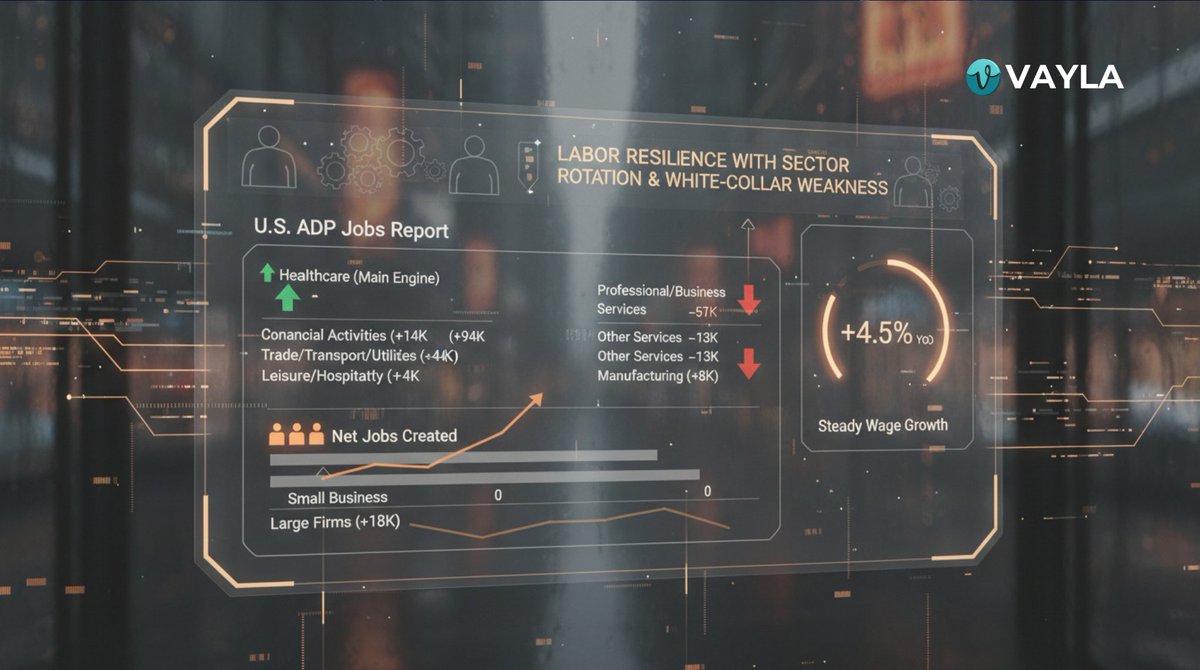 📊 U.S. January ADP Jobs Report: Sector Split Widens

Key takeaways (via Jin10):

• 🏥 Healthcare remains the main job growth engine
• 💼 Financial activities: +14K
• 🏗 Construction: +9K
• 🚚 Trade/Transport/Utilities: +4K
• 🎭 Leisure &amp; Hospitality: +4K

Declines:
• 🧑‍💼