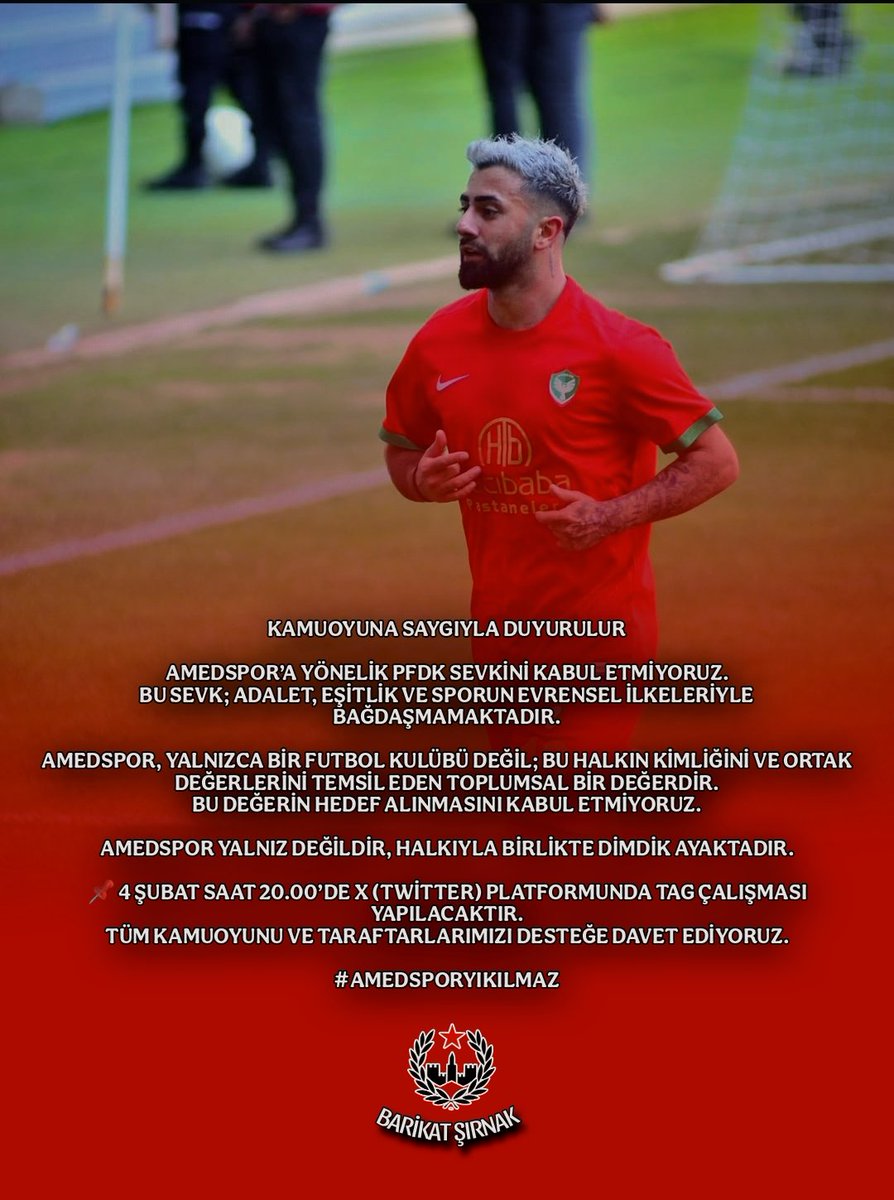 barikatbotan's tweet photo. AMEDSPOR'A YÖNELİK PFDK SEVKİNİ KABUL ETMİYORUZ. BU SEVK; ADALET, EŞİTLİK VE SPORUN EVRENSEL İLKELERİYLE BAĞDAŞMAMAKTADIR.

4 ŞUBAT SAAT 20.00'DE X (TWITTER) PLATFORMUNDA TAG ÇALIŞMASI YAPILACAKTIR.

TÜM KAMUOYUNU VE TARAFTARLARIMIZI DESTEĞE DAVET EDİYORUZ.

#amedsporyıkılmaz https://t.co/OFmjEdWkNh