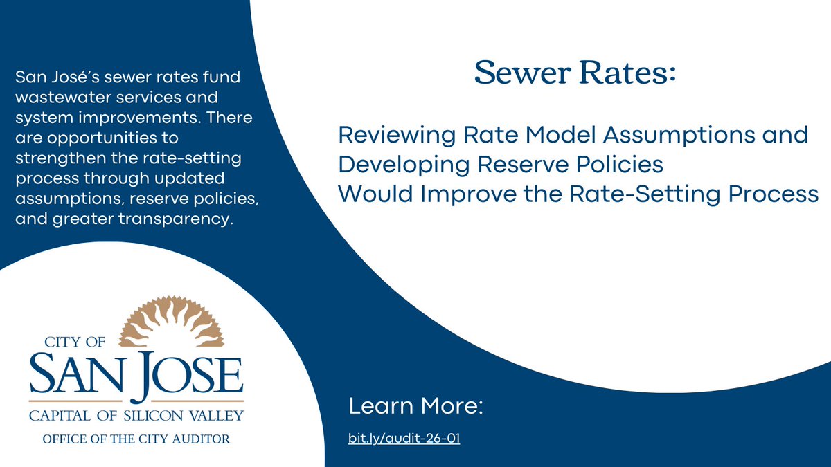 SJaudit's tweet photo. The City of San José sets sewer rates to recover wastewater service costs. The audit reviewed the rate-setting process and identified opportunities to update assumptions, develop reserve policies, and improve transparency. Read the #audit to learn more: https://t.co/KzEWo4iFEj https://t.co/2BFTyCD2bc