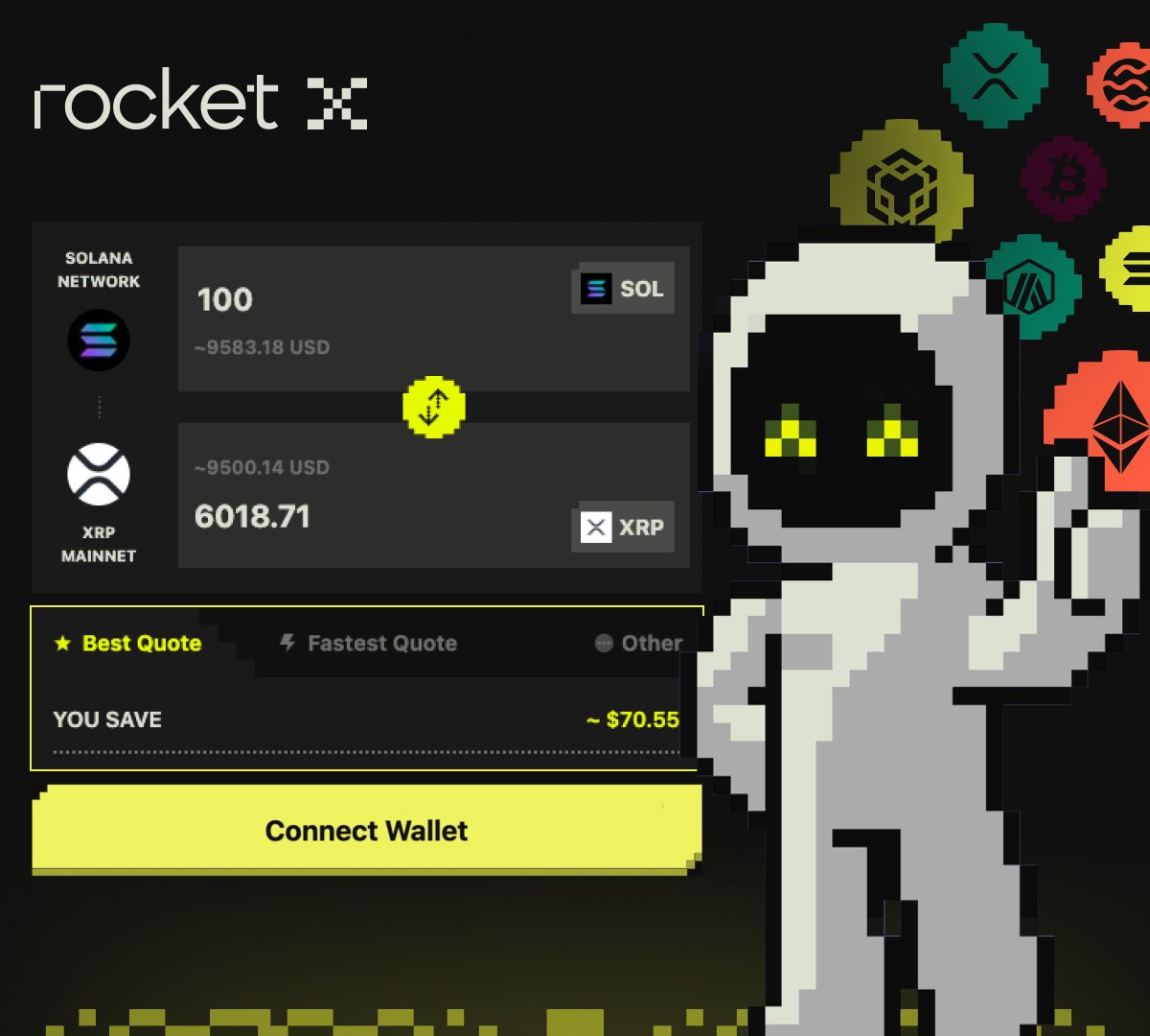 Tired of manually checking prices on 10 different exchanges before every swap?  

RocketX handles it all! 🚀 

Scans hundreds of exchanges in seconds to deliver the absolute best rate. No more tab-switching or missing out on better prices.  

Best Quote mode locked in with best