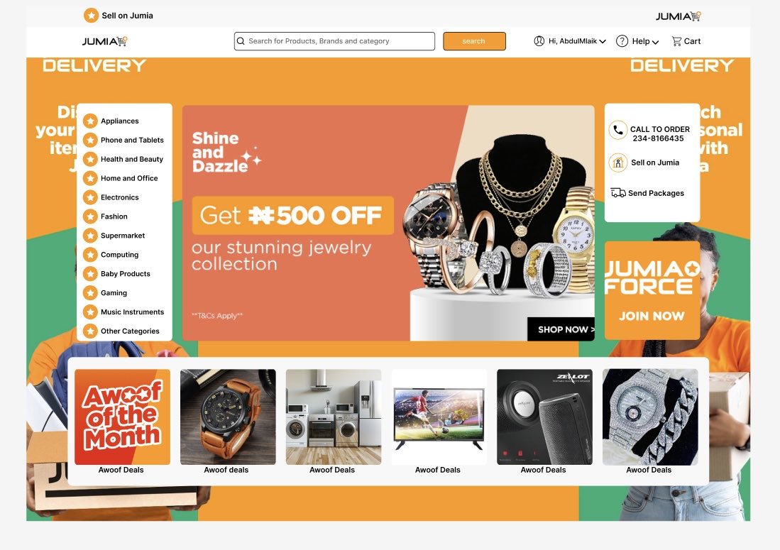 Ayobami098's tweet photo. Day 1/30 – Consistency Challenge.

Jumia homepage redesign,Focused on clear visual hierarchy, bold CTAs, and product discovery that feels effortless.
Good UX doesn’t shout — it guides.

What would you improve?👇

@Techyjaunt 
#30dayswithtechyjaunt 
@The_Irapada https://t.co/xd2VMjD58i