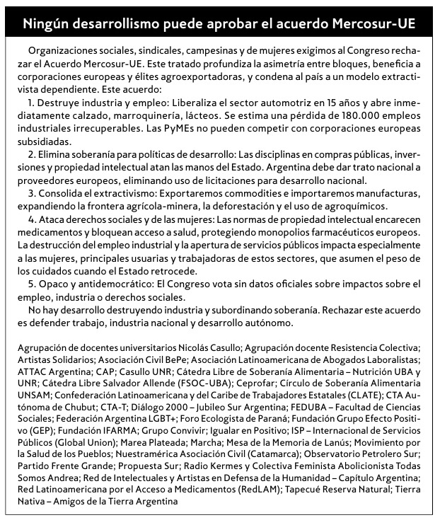 El Acuerdo UE–Mercosur implica riesgos profundos para la industria, el empleo, las PyMEs, los territorios y la soberanía. Por eso publicamos una solicitada en <a href="/tiempoarg/">Tiempo Argentino</a>  pidiendo que el Congreso lo rechace

Más información: 
argentinasintlc.org/2026/01/29/el-…