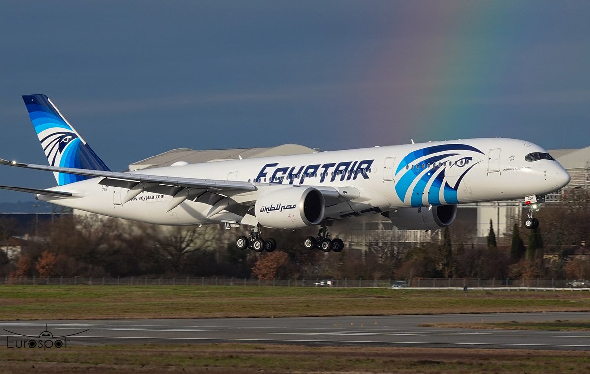 cliper31's tweet photo. Egyptair 2nd Airbus A350-900 back from test flight with nice light and rainbow  #Airbus #Egyptair #avgeek #aviation #planespotting @EGYPTAIR
 @Airbus https://t.co/iofbS3WQcm
