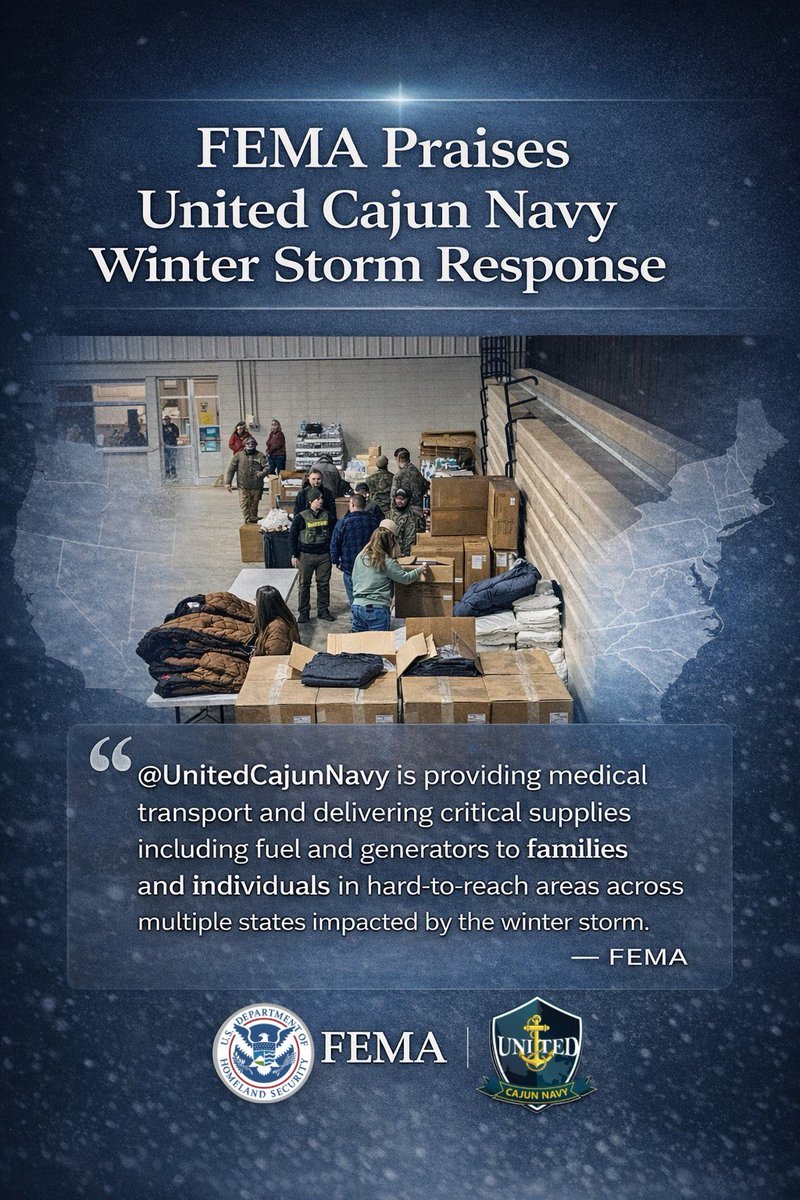 Rapid response and local intel are what make the <a href="/Unitedcajunnavy/">United Cajun Navy</a> first shrimp boots on the ground. We appreciate the shout out from <a href="/fema/">FEMA</a>, and will continue to be the tip of the spear of disaster response &amp; relief! Let's finish the mission! 🫡💪 thecajunnavy.org