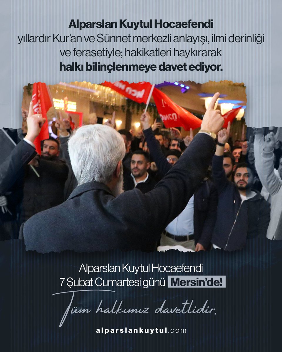 Alparslan Kuytul Hocaefendi yıllardır Kur'an ve Sünnet merkezli anlayışı, ilmi derinliği ve ferasetiyle; hakikatleri haykırarak halkı bilinçlenmeye davet ediyor.

AlparslanHoca MersineGeliyor
#FurkanKonferansaları