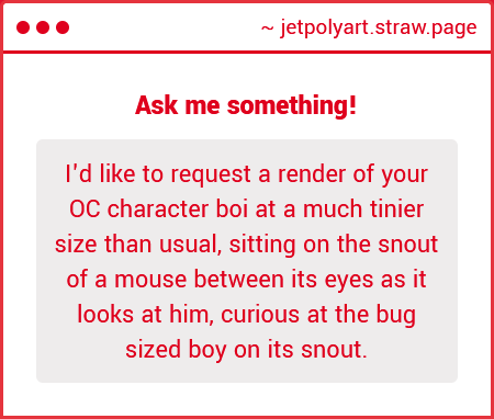 JetPolyArt's tweet photo. Request from strawpage.
I don't have a model of mouse, and don't like going super small. So went as small as I'm willing on https://t.co/5iYbddq6l4 big snout.

If you want to ask or request anything check out my carrd.
#SizeTwitter #sfwgt https://t.co/xJCrJIkGOf