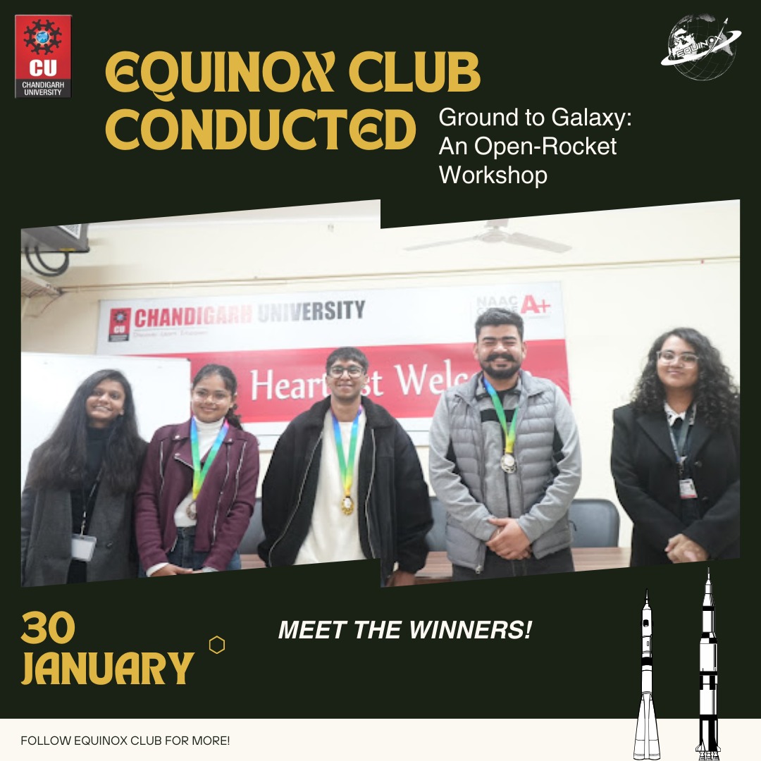 DoAS_cuequinox's tweet photo. Equinox Club conducted "Ground to Galaxy, an open rocket workshop"🚀 bringing students closer to the world of space &amp; rocketry.
Huge thanks to our wonderful faculty and enthusiastic participants. 🙌
Rocketry #Aerospace #ChandigarhUniversity #SpaceEducation https://t.co/IpMY43GyUn