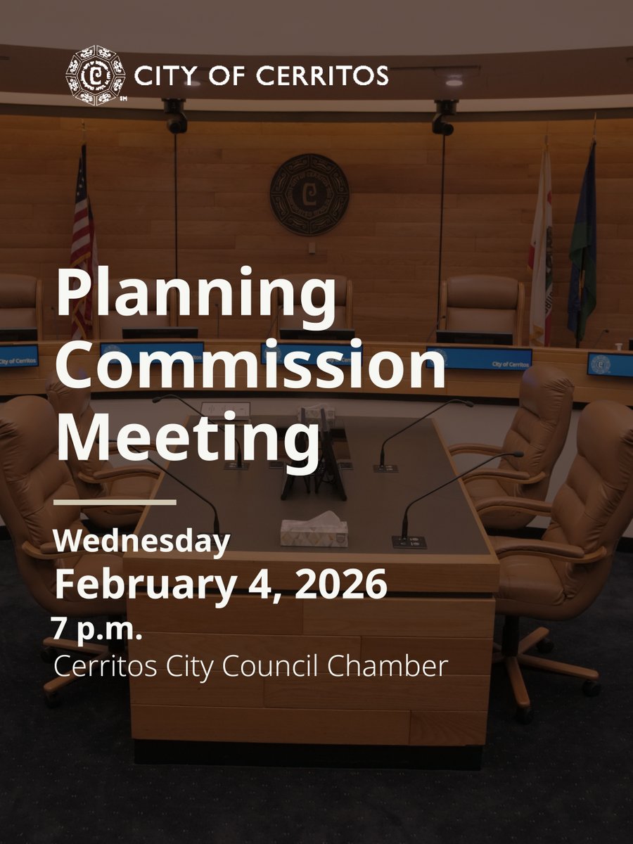 Join the City of Cerritos at the Planning Commission Meeting tonight at 7 p.m. in the Cerritos City Council Chamber.

Read the Agenda here: cerritos.granicus.com/GeneratedAgend…

Watch live on the City's YouTube channel at youtube.com/CityofCerritos.