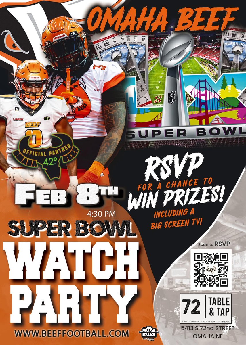 TheOmahaBeef's tweet photo. ๐ OMAHA BEEF SUPER BOWL WATCH PARTY ๐
๐ 72 Table & Tap | Feb 8 | 4:30 PM
๐ง Hosted by @DJKDuBOmaha
๐ Win prizes incl. BIG SCREEN TV
๐ RSVP: https://t.co/hHODdm0fzJ
๐ FB Event: https://t.co/lmFAnXXxFo
#BeefNation #SuperBowlParty https://t.co/PFrqpeINsn