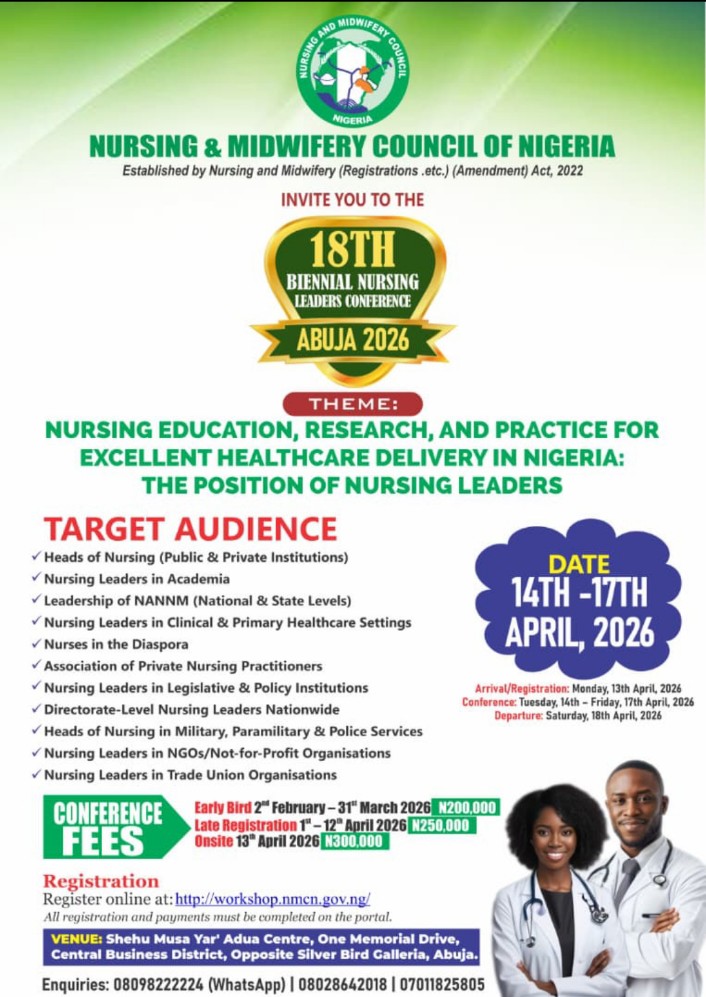 Exciting news for nursing leaders across Nigeria! 🌟
The Nursing &amp; Midwifery Council of Nigeria invites you to the 18th Biennial Nursing Leaders Conference in Abuja.
Theme: Nursing Education, Research, and Practice for Excellent Healthcare Delivery: The Position of Nursing