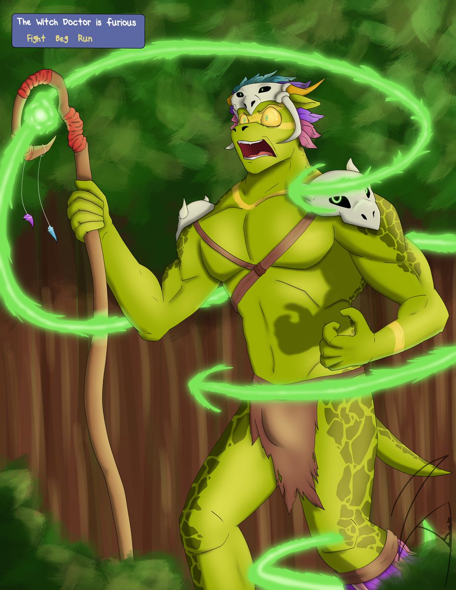 It probably wasn't the best idea to try stealing from the Witch Doctor, but you live and you learn... Maybe...

He really doesn't want to let you go...

#terraria #witchdoctor #furry #furryartwork