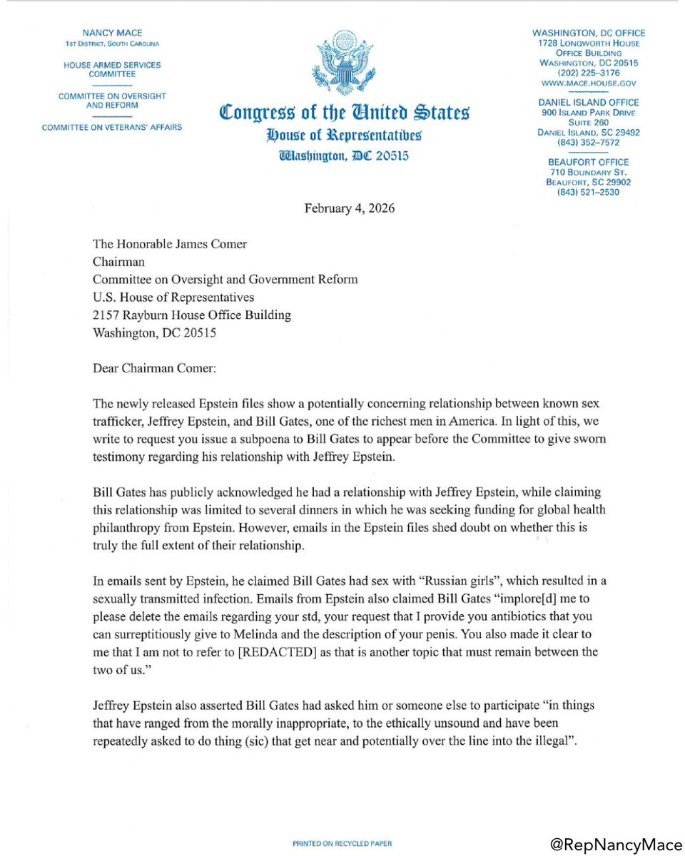 RepNancyMace's tweet image. We're calling for Bill Gates to testify under oath on his relationship with Jeffrey Epstein in front of the Oversight Committee.

3 million pages of Epstein documents were just released by the DOJ and the allegations are SICK. If these allegations are false, Bill Gates should…