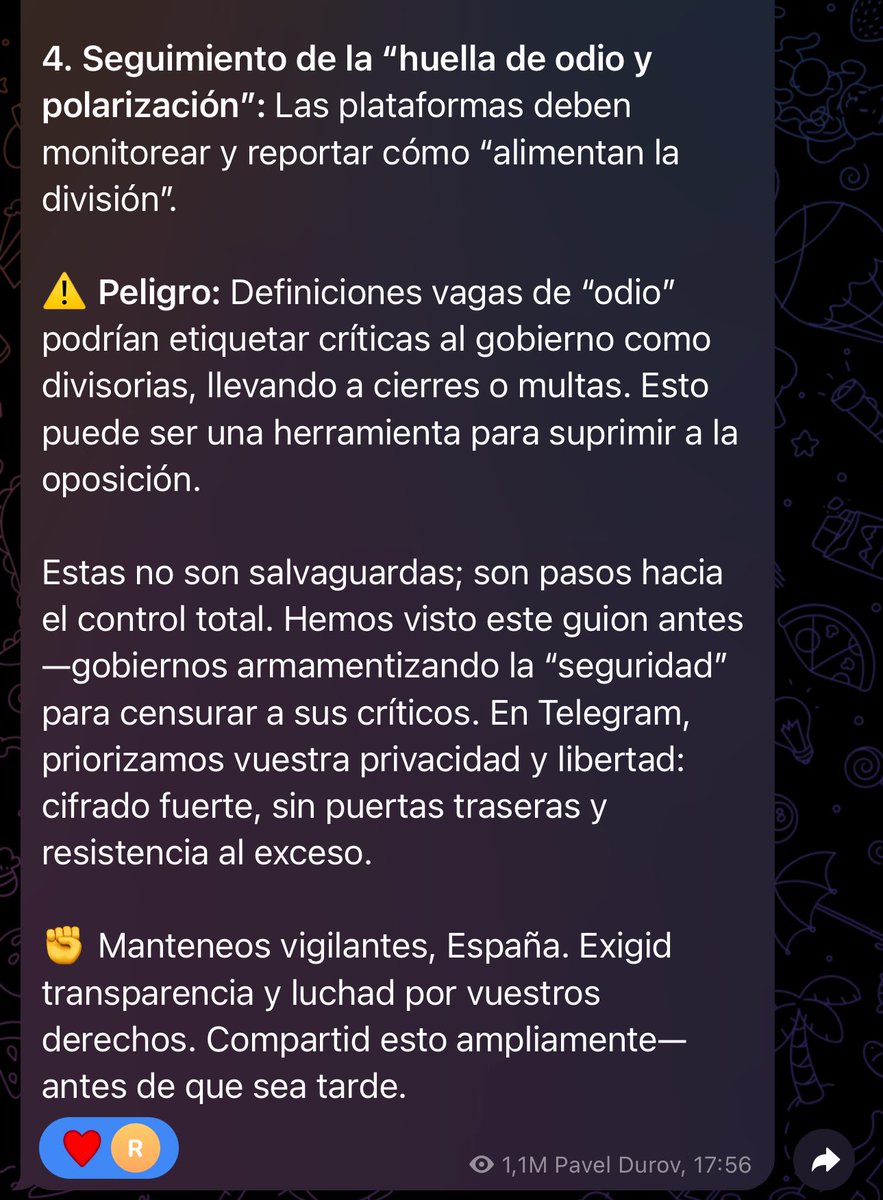 El CEO de Telegram, Pavel Durov, acaba de mandar un mensaje a todos sus usuarios españoles advirtiendo del peligro de las medidas que propuso el infame Pedro Sánchez.

Tenían a España, luego a Europa, y ahora a todo el mundo libre en su contra.