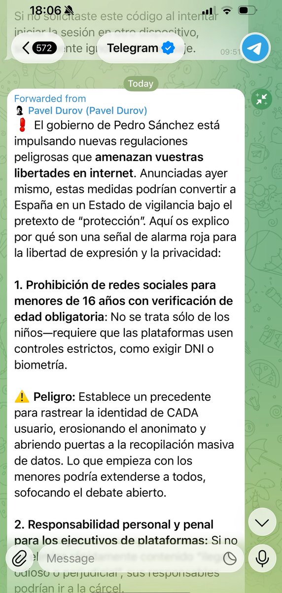MiriamJLas's tweet image. El fundador de Telegram acaba de enviar a todos un mensaje en contra de las políticas de Pedro Sanchez. Ya no se esconden. Las plataformas están aquí para influir en nuestra opinión política, indirectamente a través de los algoritmos y directamente ahora a través de sus mensajes.