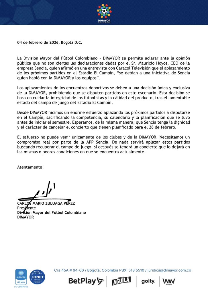 Nuevo desencuentro entre la <a href="/Dimayor/">DIMAYOR</a> y <a href="/SenciaBogota/">Sencia</a>. Piden que se cancele el concierto del 28 de febrero “el esfuerzo no puede venir únicamente de los clubes y de la Dimayor”.