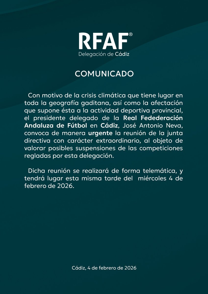 🟢 Comunicado Oficial
🚩Convocatoria extraordinaria de la Junta Directiva #RFAFCádiz

Gracias por la atención.

 #RFAFCádiz
#IdentidadGaditana