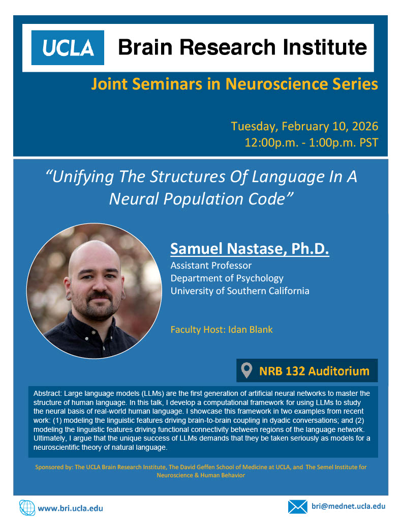 UCLA_BRI's tweet photo. Please join us Tuesday, February 10th at 12pm for JSN with Samuel Nastase, Ph.D. https://t.co/4WXUxl0oPE