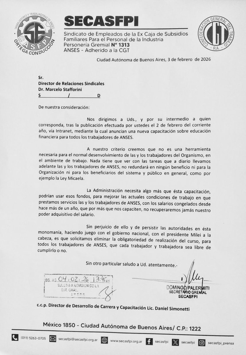 ⭕️ En el día de hoy presentamos una nota dirigida a la Dirección de Relaciones Sindicales de la #ANSES para rechazar la obligatoriedad de la capacitación en “educación financiera”.