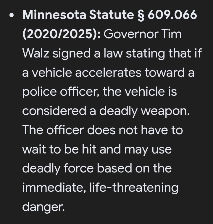 UDurtyDawg's tweet image. Except for according to a law @GovTimWalz signed she was guilty as soon as she accelerated towards the agent...... Hope this helps.