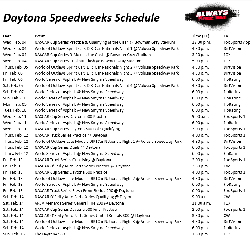 A full TV schedule for Daytona Speedweeks. Racing season is here.