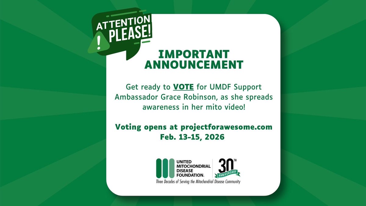 UMDF's tweet photo. Awareness takes a village! Help UMDF Support Ambassador Grace Robinson raise awareness and funding for the #mitocommunity through her #mito video. Voting opens Feb. 13-15 at https://t.co/eyewaMUA9a. https://t.co/wJiJx6NJ9L