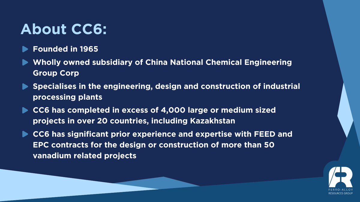 AlloyFerro's tweet photo. In November, #FAR agreed terms with China National Chemical Engineering Sixth Construction Co (CC6), one of the largest engineering and construction companies in the global vanadium industry, for the front-end engineering and design of Balasausqandiq Phase 1.

Find out more ⤵️ https://t.co/dDDyZSftcx