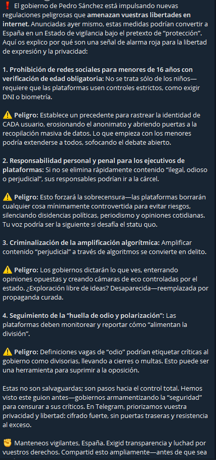 🚨 ÚLTIMA HORA

⚠️ El dueño de Telegram alerta sobre la «censura» de Sánchez en un mensaje a todos sus usuarios

Durov afirma que «estas medidas podrían convertir a España en un Estado de vigilancia bajo el pretexto de ‘protección’

Comunicado completo 👇