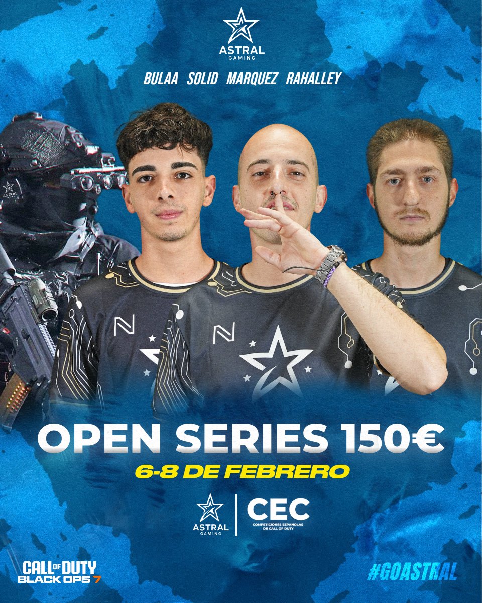 ¡Estaremos compitiendo en OPEN SERIES de <a href="/CompeticionesES/">Competiciones Españolas de Call of Duty</a>! 

🏆Bracket eliminación directa
📆6-8 de febrero
💰Premio 150€
⚔️@AstralBulaa <a href="/SOLIIIDXX_/">Juan David Santiago</a> <a href="/AMarquezG4/">Márquez</a> <a href="/RaHalleyXULO/">RaHalleyXULO</a>

Ganas de back to back, ganas de volver a ganar
#BlackOps7 • #GoAstral