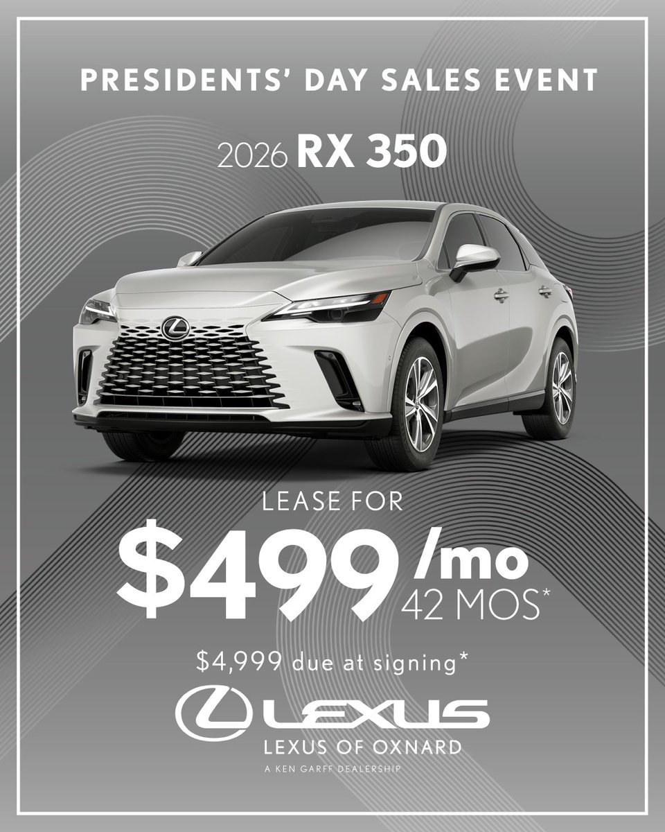 LexusofSB's tweet photo. 🚗💨 Drive your dream! Get the 2026 RX 350 for just $499/month for 42 months. Only $4,999 due at signing! Don’t miss out—your adventure awaits! 🌟 

Shop Now: https://t.co/NzysBvAtwK https://t.co/fUn4o2HHIk