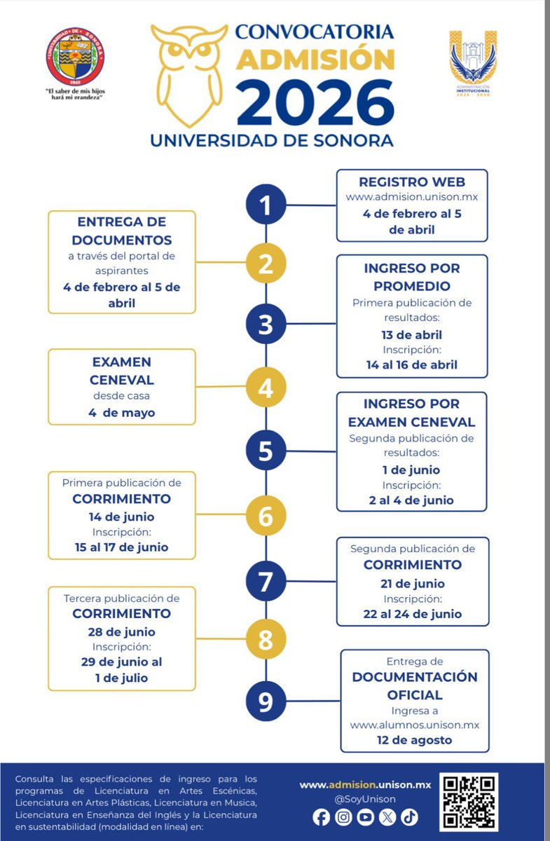 unisonradio's tweet photo. CONVOCATORIA DE ADMISIÓN 2026
Fechas para aplicar a las Licenciaturas o Ingenierías de su preferencia
#SomosTuMejorOpcion
#somosbuhosvolamosalto
#JuntosSomosOrgulloUnison https://t.co/XwMEAkdc07