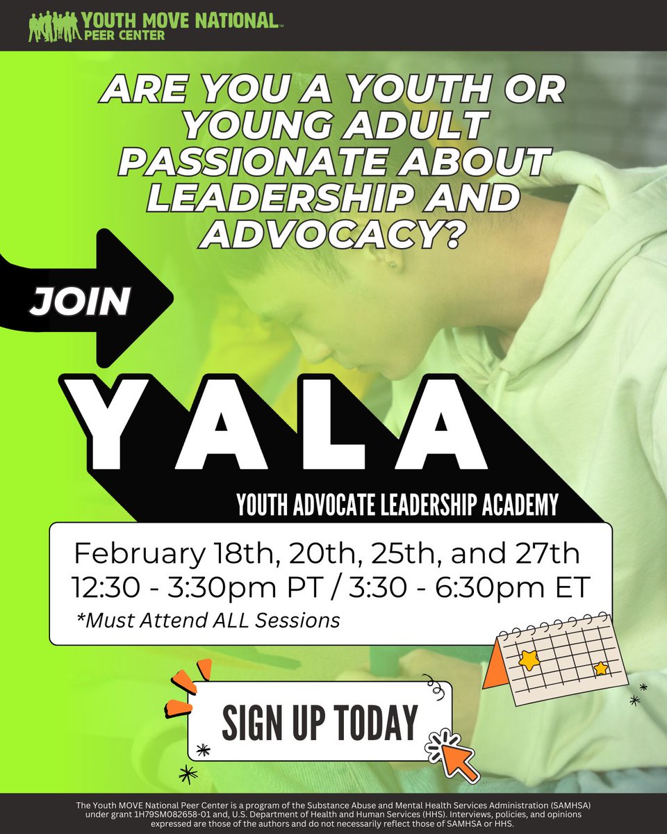 YMNPeerCenter's tweet photo. ‼️ This is our final call to register for our no-cost, virtual Youth Advocate Leadership Academy (YALA). Interest form closes on February 6th, 2026.

The Youth MOVE Peer Center is pleased to offer this opportunity at NO-COST to you! 

Sign Up Today >> https://t.co/wSHs2wbxqc https://t.co/bXdpnrxAyG