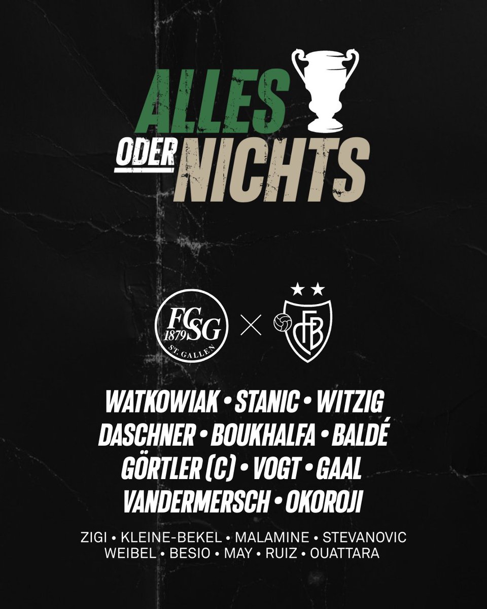 FCSG_1879's tweet photo. 🏆 Unsere Start1️⃣1️⃣ gegen den FC Basel 🏆
#FCSG #GrüewissImHerz #FCSGFCB #AllesOderNichts https://t.co/vQPkz8Zh5p