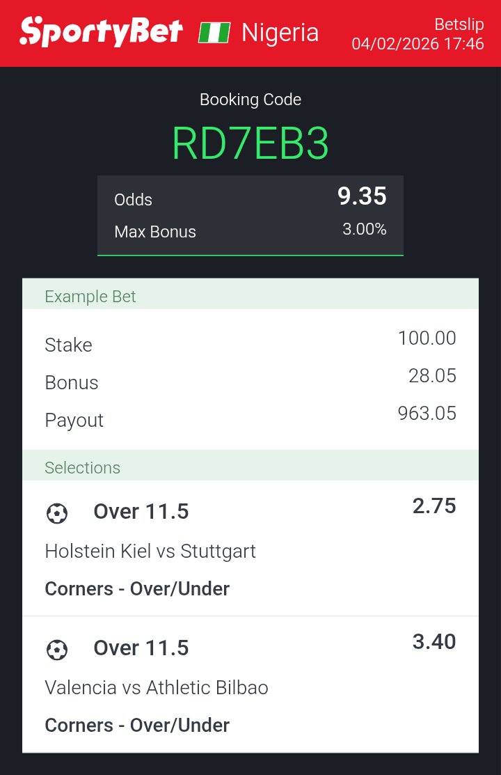 surebetCZ's tweet photo. Sporty code: RD7EB3

Today’s  total corner game no be small thing 

Sure BANKER 9.35 odds ⭐ ⭐ ⭐ 

VAR dey check, refs dey stress bettors
But the game still sweet 😮‍💨

Stake wisely abeg, billing no get joy 😂
#Odds #SportsBetting #Banker #SportyBet https://t.co/o8fJSEXZNl