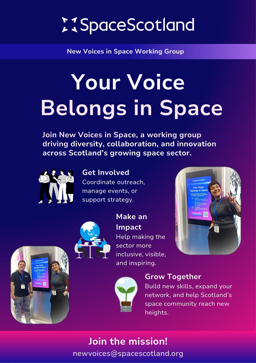 ScottishSpaceLC's tweet photo. We’re inviting new members to join our New Voices in Space Working Group — a community focused on driving diversity, collaboration, and innovation across Scotland’s growing space sector.

🚀 Interested in joining?
Complete our short  form here: https://t.co/4qd0VFhvbT https://t.co/puADYgQApG
