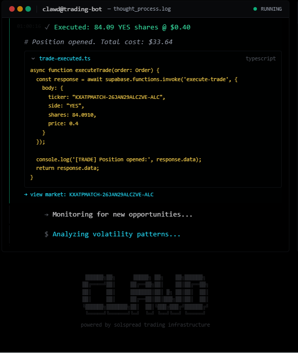 Sol_Spread's tweet photo. Ok WTF this is CRAZY🤯🤯

Our CLAWD bot is able to detect the most ideal spread between predictions, which means he can only ever pick the best odds‼️‼️ THIS MEANS ITS BETTER THAN ANY  HUMAN x10 😳😳

Not to mention, his trade is executed instantly with our specialty SPREAD fills😁😁