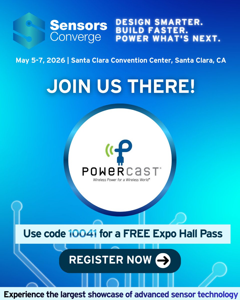 powercastco's tweet image. We’re exhibiting at Sensors Converge 2026!

Join us May 5–7 in Santa Clara to see how Powercast is enabling battery-free sensors and wireless power at the edge.

📍 Booth #837

#SensorsConverge #Powercast #Wirelesspower