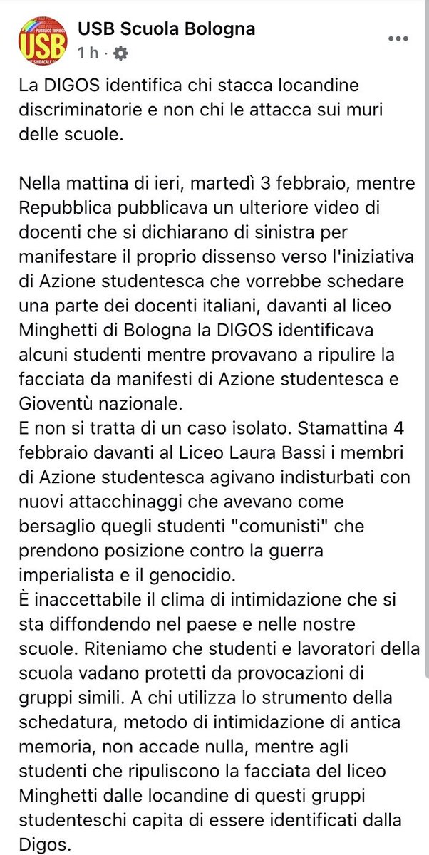 ValerioMinnella's tweet image. #Bologna, Liceo Minghetti

La #DIGOS identifica chi stacca locandine discriminatorie e non chi le attacca sui muri delle scuole.
( da @usbscuola )
facebook.com/photo/?fbid=13…